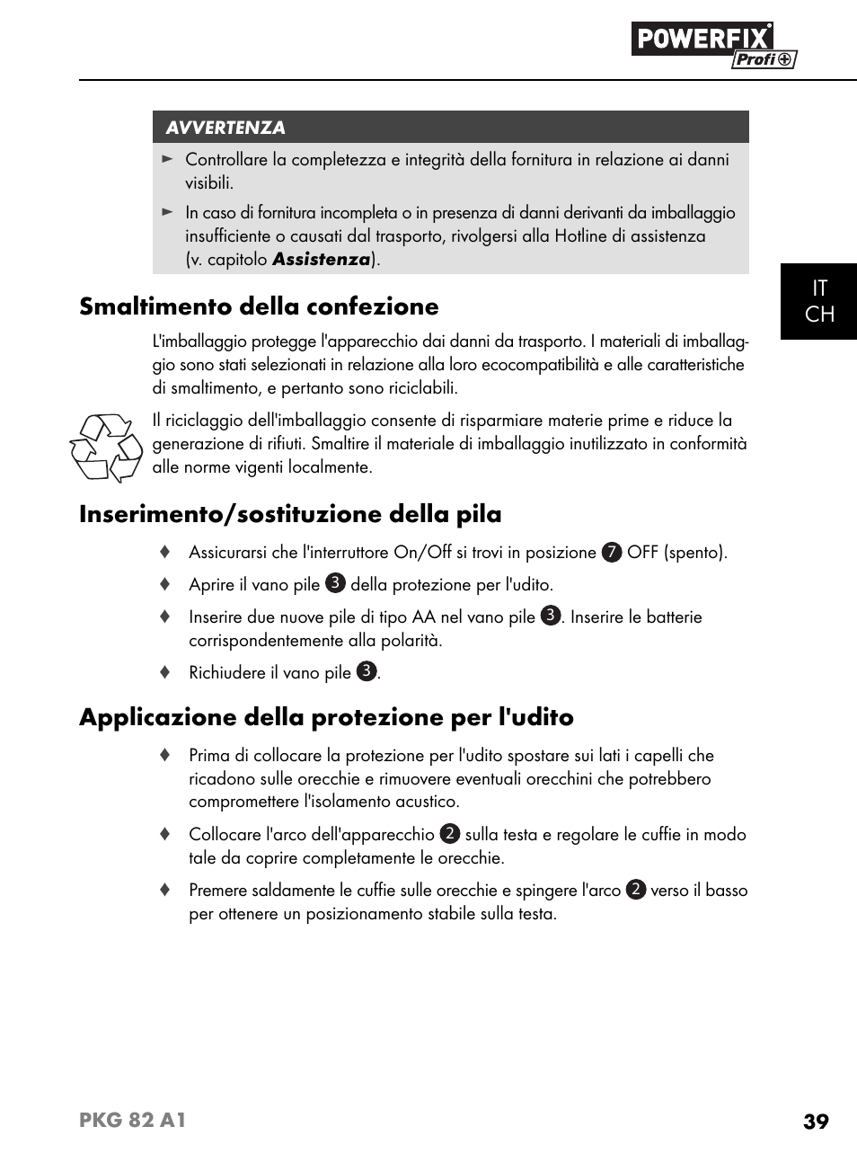 Smaltimento della confezione, Inserimento/sostituzione della pila, Applicazione della protezione per l'udito | It ch | Powerfix PKG 82 A1 User Manual | Page 42 / 84