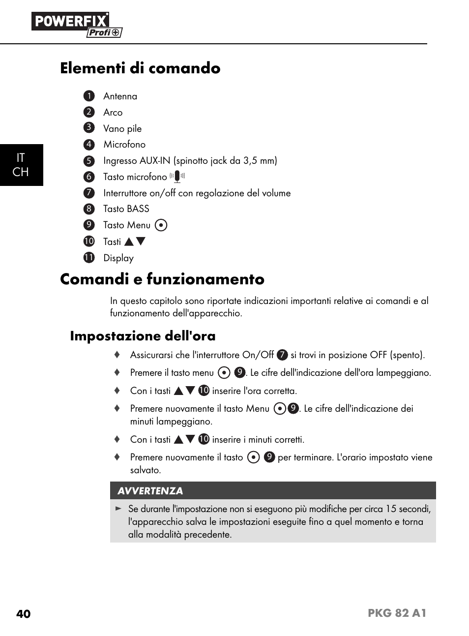 Elementi di comando, Comandi e funzionamento, Impostazione dell'ora | It ch | Powerfix PKG 82 A1 User Manual | Page 43 / 84