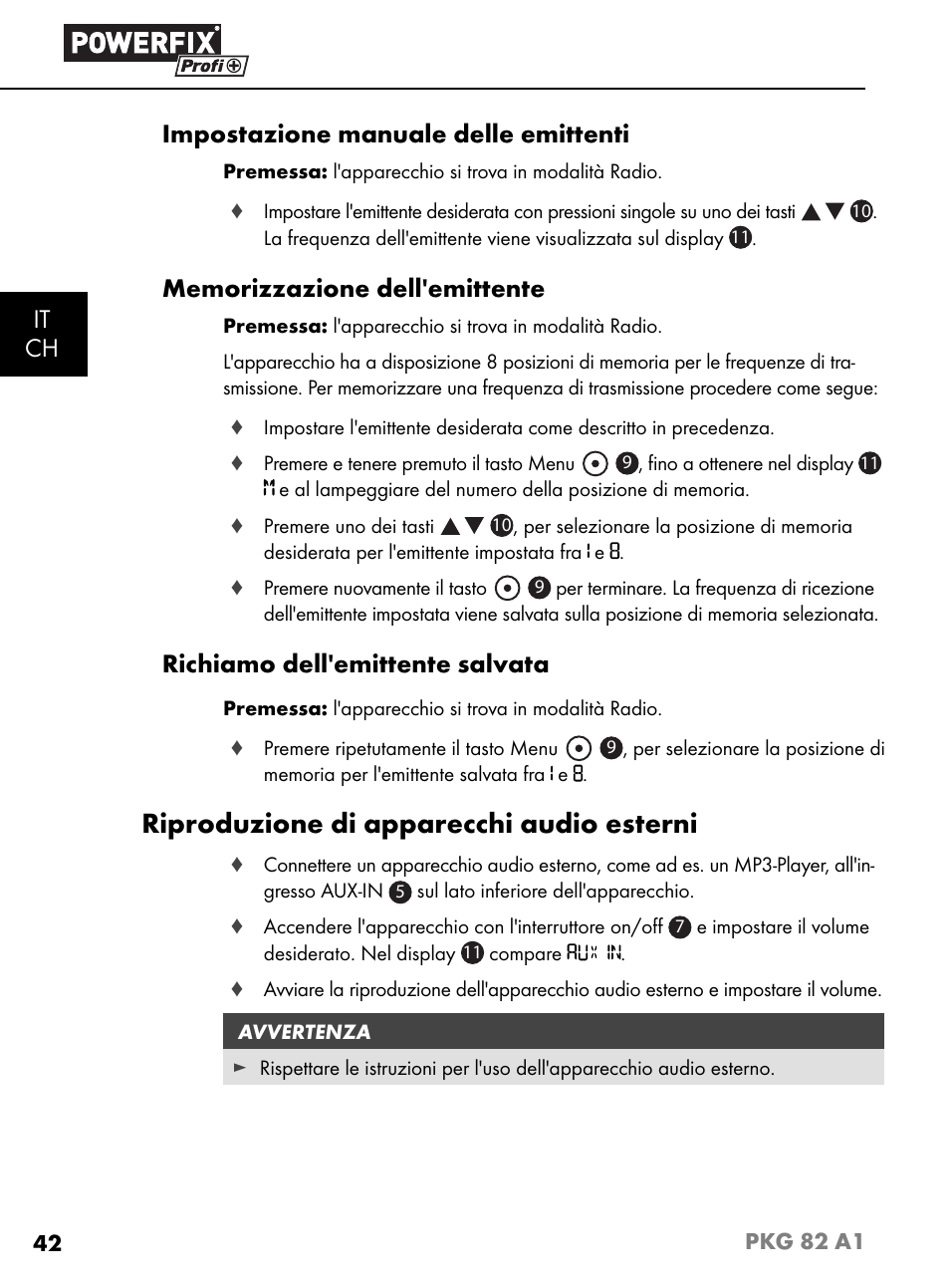 Riproduzione di apparecchi audio esterni, It ch impostazione manuale delle emittenti, Richiamo dell'emittente salvata | Powerfix PKG 82 A1 User Manual | Page 45 / 84