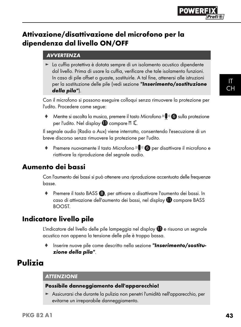 Pulizia, Aumento dei bassi, Indicatore livello pile | It ch | Powerfix PKG 82 A1 User Manual | Page 46 / 84