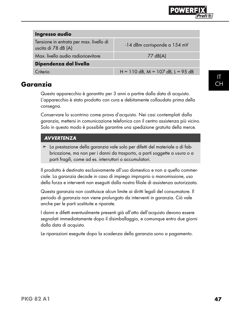 Garanzia, It ch | Powerfix PKG 82 A1 User Manual | Page 50 / 84