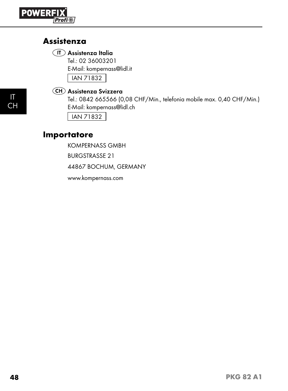 Assistenza, Importatore, It ch | Powerfix PKG 82 A1 User Manual | Page 51 / 84