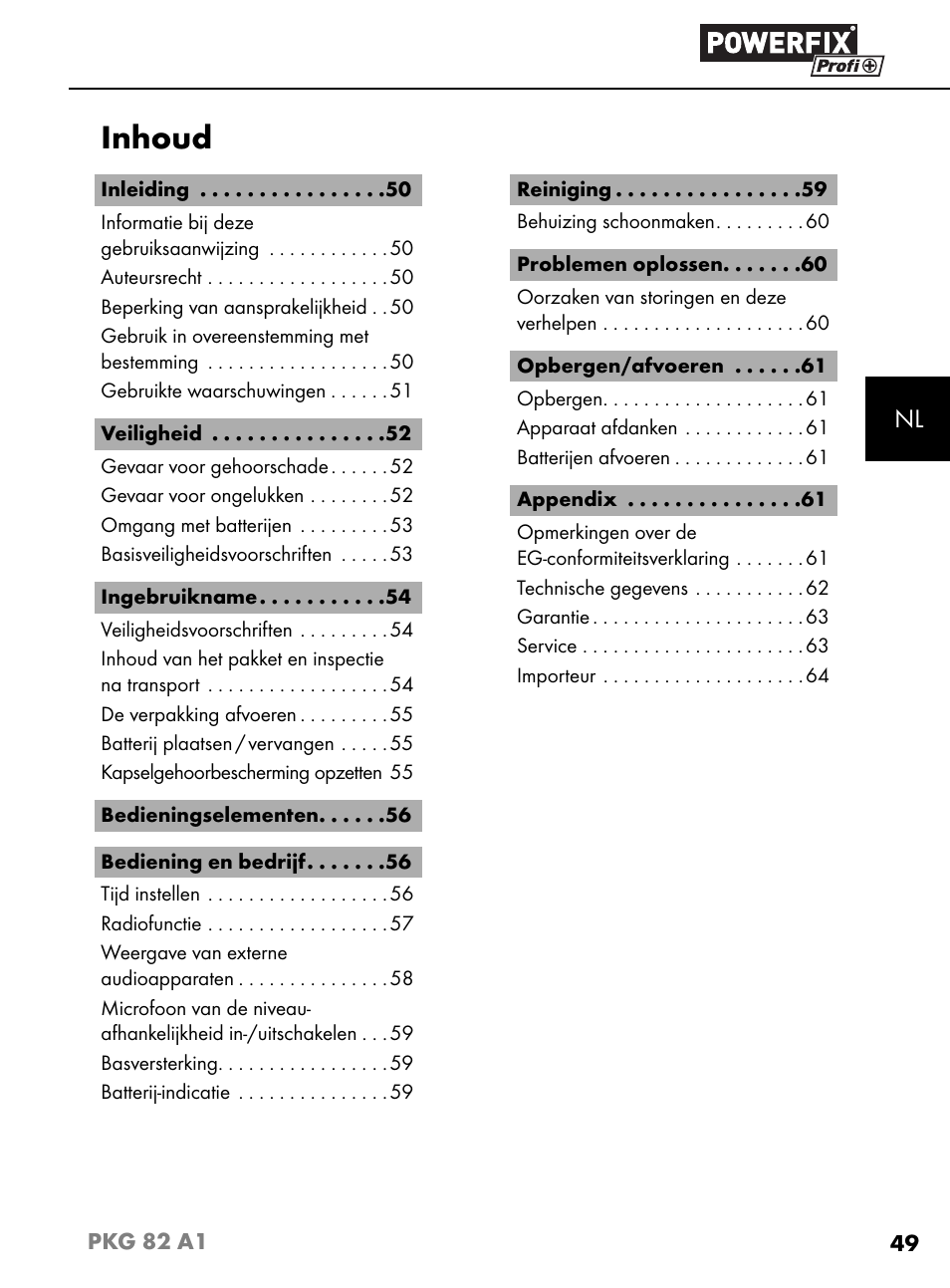 Inhoud | Powerfix PKG 82 A1 User Manual | Page 52 / 84