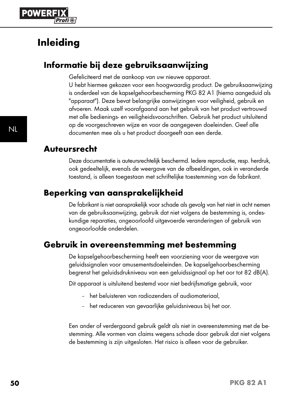 Inleiding, Informatie bij deze gebruiksaanwijzing, Auteursrecht | Beperking van aansprakelijkheid, Gebruik in overeenstemming met bestemming | Powerfix PKG 82 A1 User Manual | Page 53 / 84