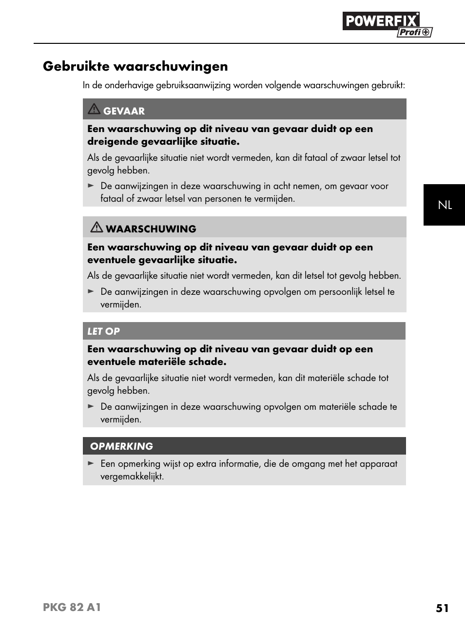 Gebruikte waarschuwingen | Powerfix PKG 82 A1 User Manual | Page 54 / 84