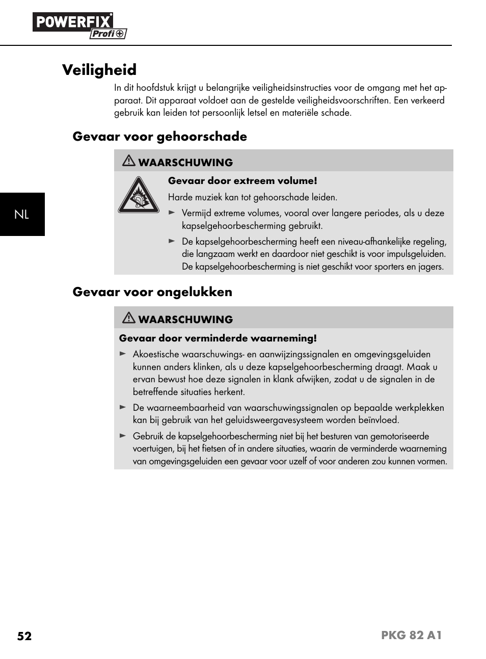 Veiligheid, Gevaar voor gehoorschade, Gevaar voor ongelukken | Powerfix PKG 82 A1 User Manual | Page 55 / 84