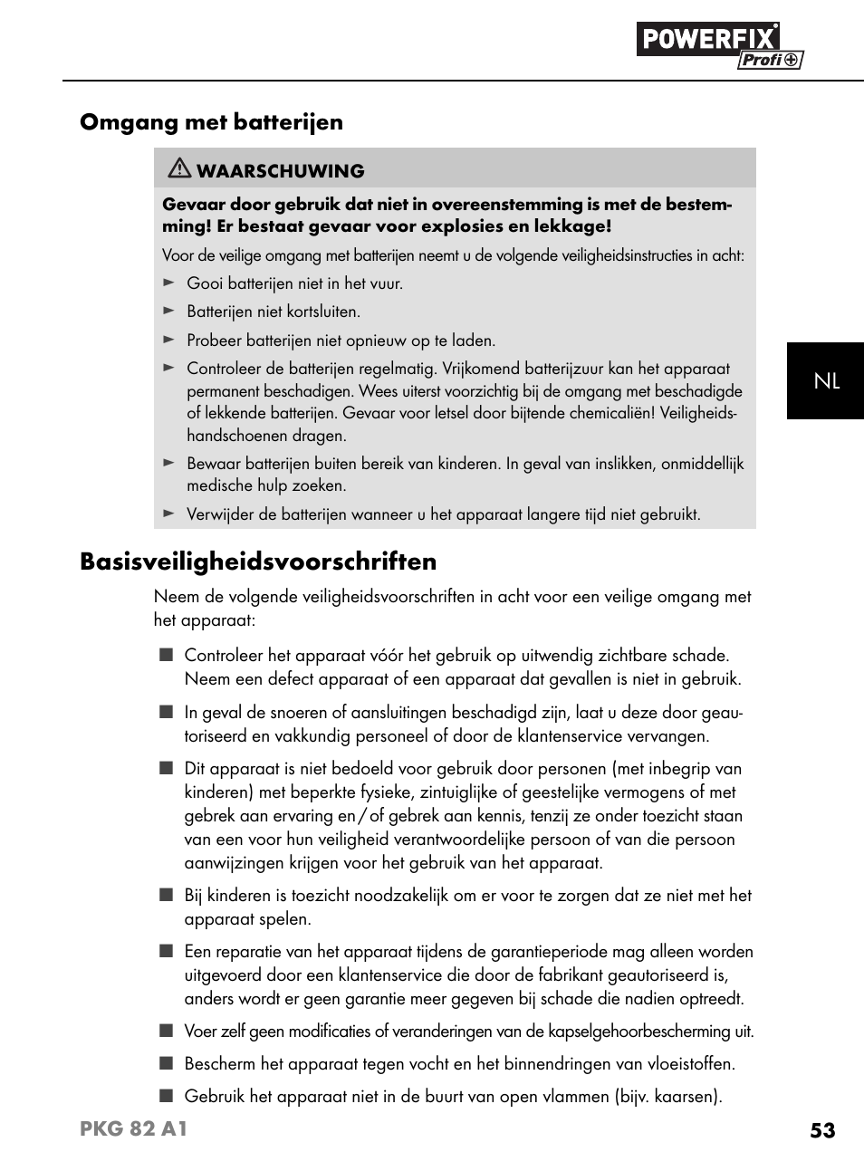 Basisveiligheidsvoorschriften, Nl omgang met batterijen | Powerfix PKG 82 A1 User Manual | Page 56 / 84