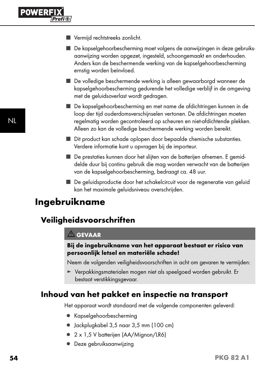 Ingebruikname, Veiligheidsvoorschriften, Inhoud van het pakket en inspectie na transport | Powerfix PKG 82 A1 User Manual | Page 57 / 84