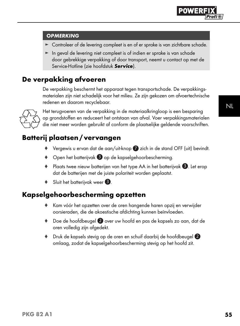 De verpakking afvoeren, Batterij plaatsen / vervangen, Kapselgehoorbescherming opzetten | Powerfix PKG 82 A1 User Manual | Page 58 / 84