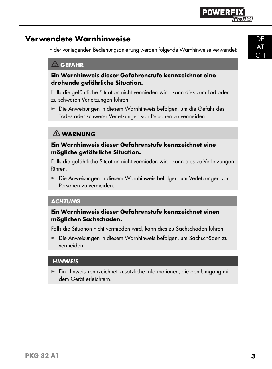 Verwendete warnhinweise, De at ch | Powerfix PKG 82 A1 User Manual | Page 6 / 84