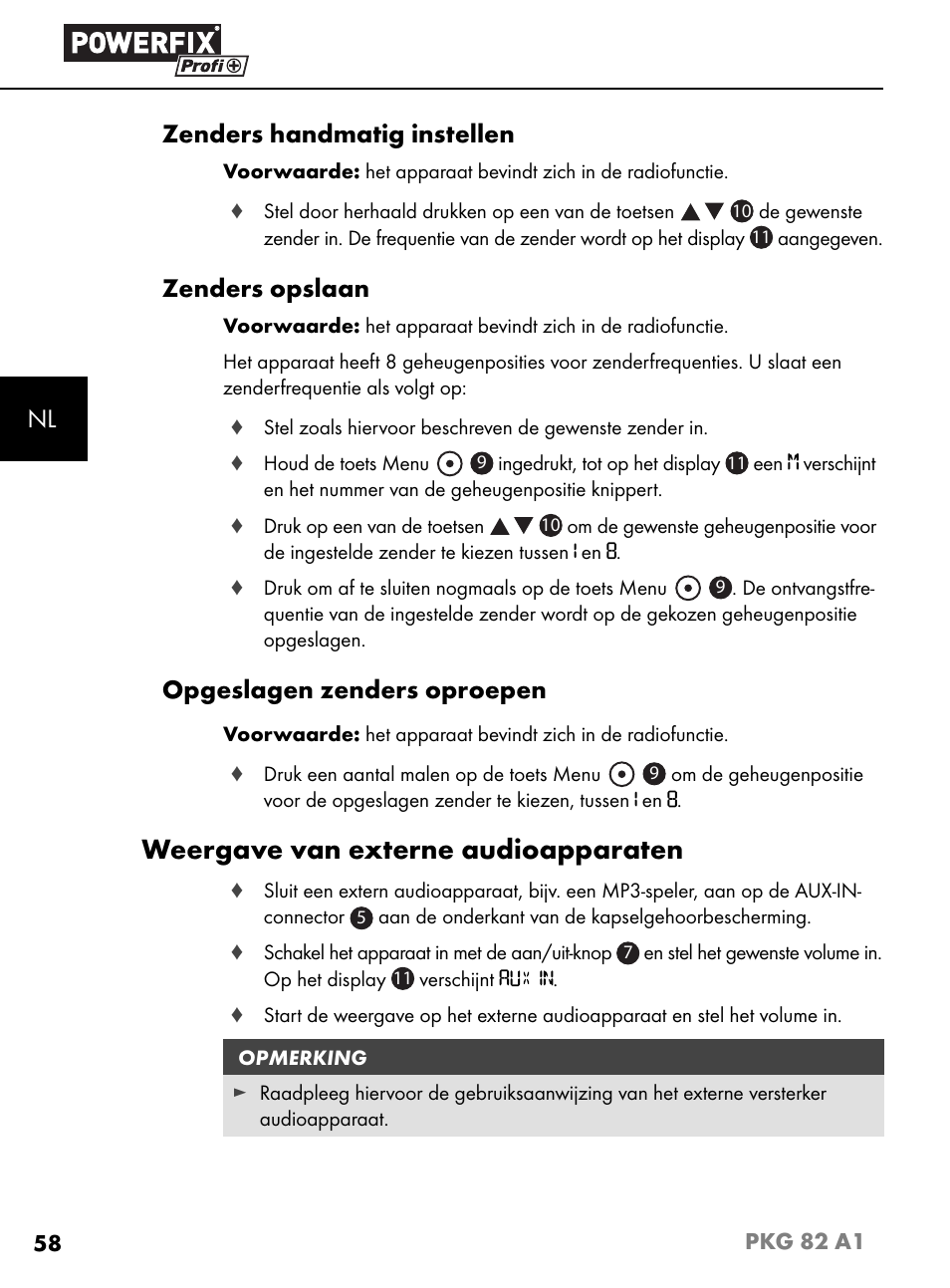 Weergave van externe audioapparaten, Nl zenders handmatig instellen, Zenders opslaan | Opgeslagen zenders oproepen | Powerfix PKG 82 A1 User Manual | Page 61 / 84