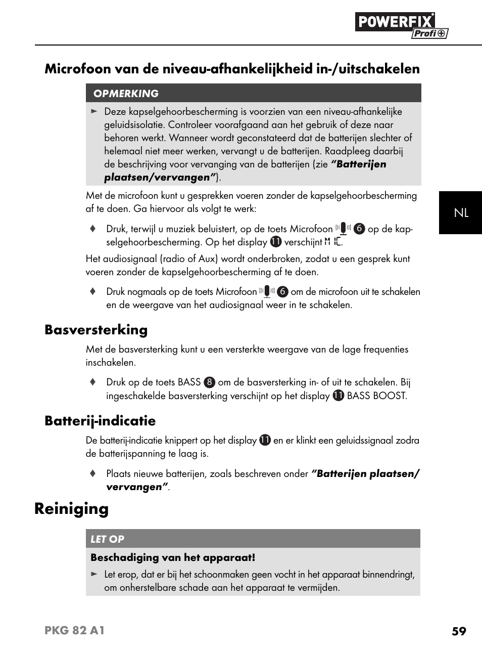 Reiniging, Basversterking, Batterij-indicatie | Powerfix PKG 82 A1 User Manual | Page 62 / 84
