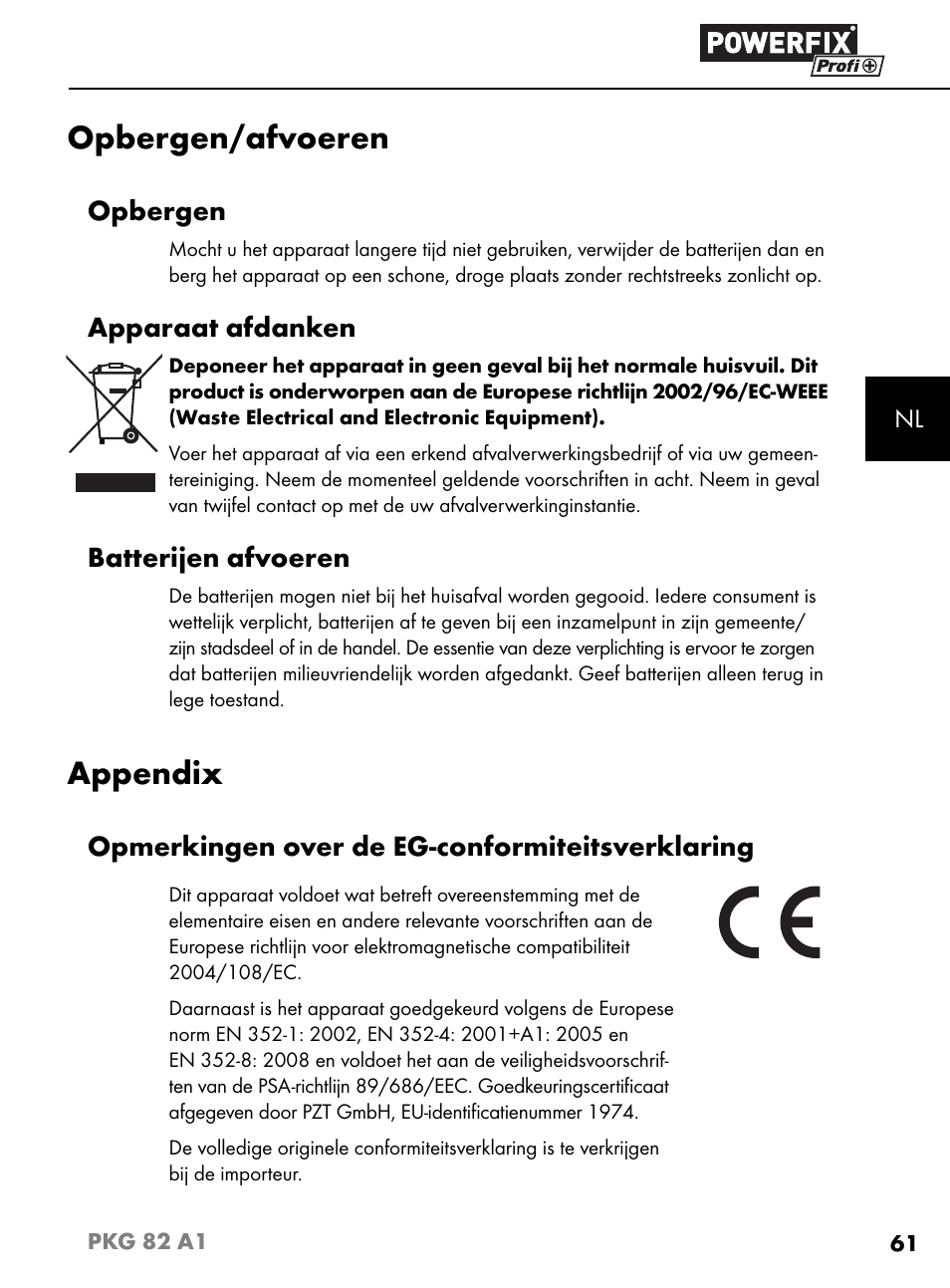 Opbergen/afvoeren, Appendix, Opbergen | Apparaat afdanken, Batterijen afvoeren, Opmerkingen over de eg-conformiteitsverklaring | Powerfix PKG 82 A1 User Manual | Page 64 / 84