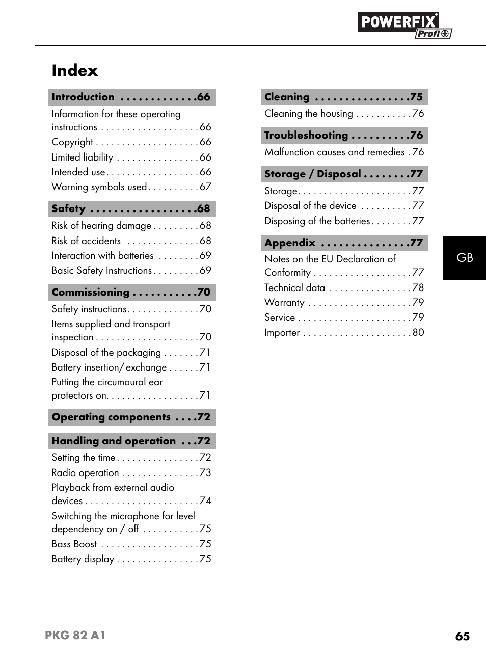 Index | Powerfix PKG 82 A1 User Manual | Page 68 / 84