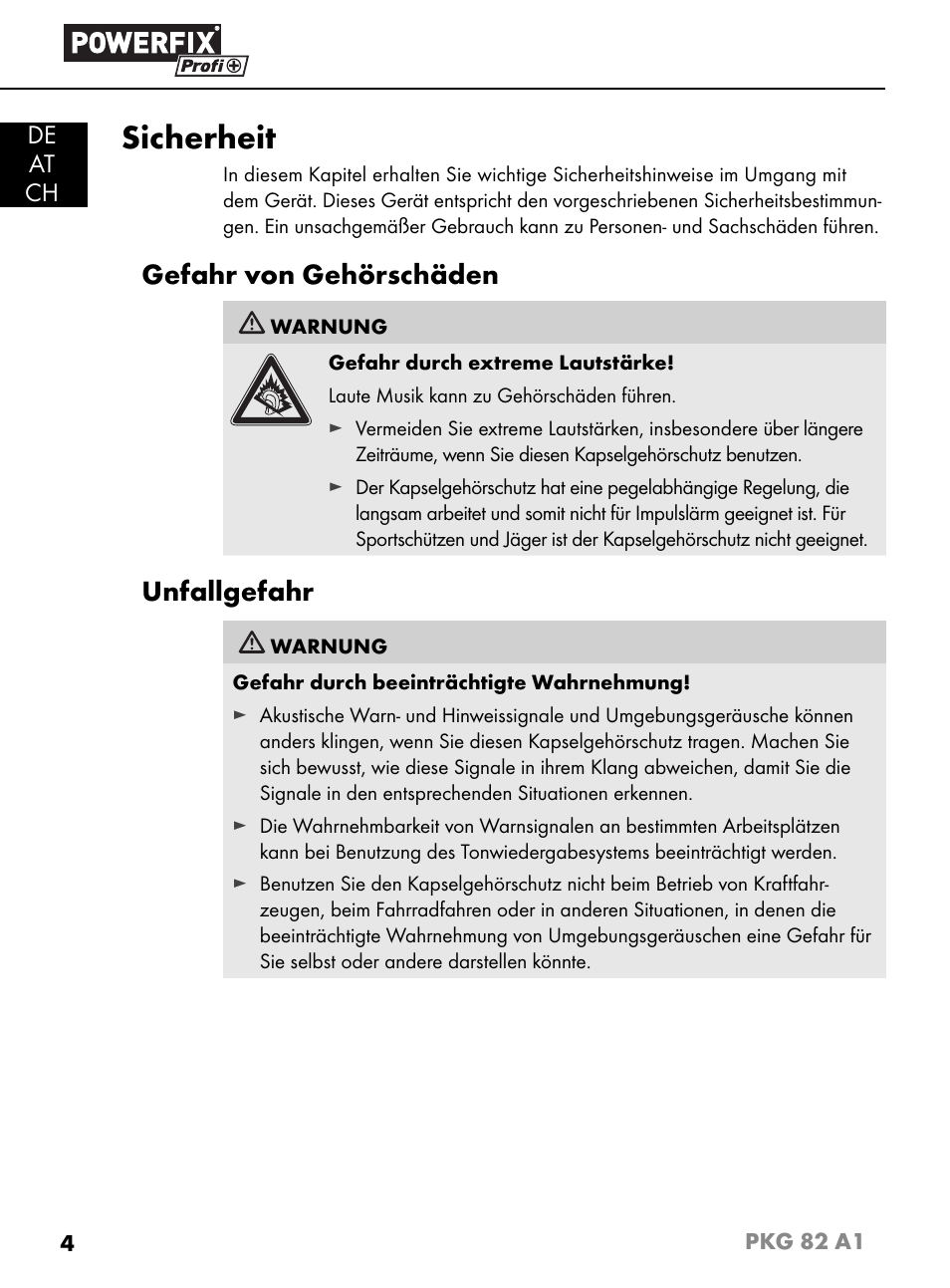 Sicherheit, Gefahr von gehörschäden, Unfallgefahr | De at ch | Powerfix PKG 82 A1 User Manual | Page 7 / 84