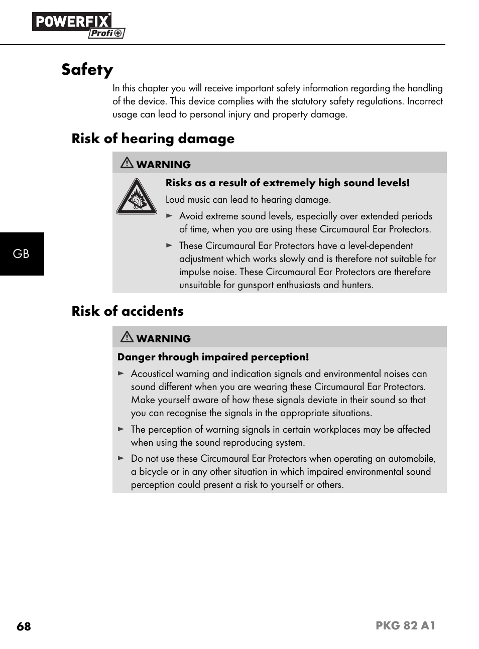 Safety, Risk of hearing damage, Risk of accidents | Powerfix PKG 82 A1 User Manual | Page 71 / 84