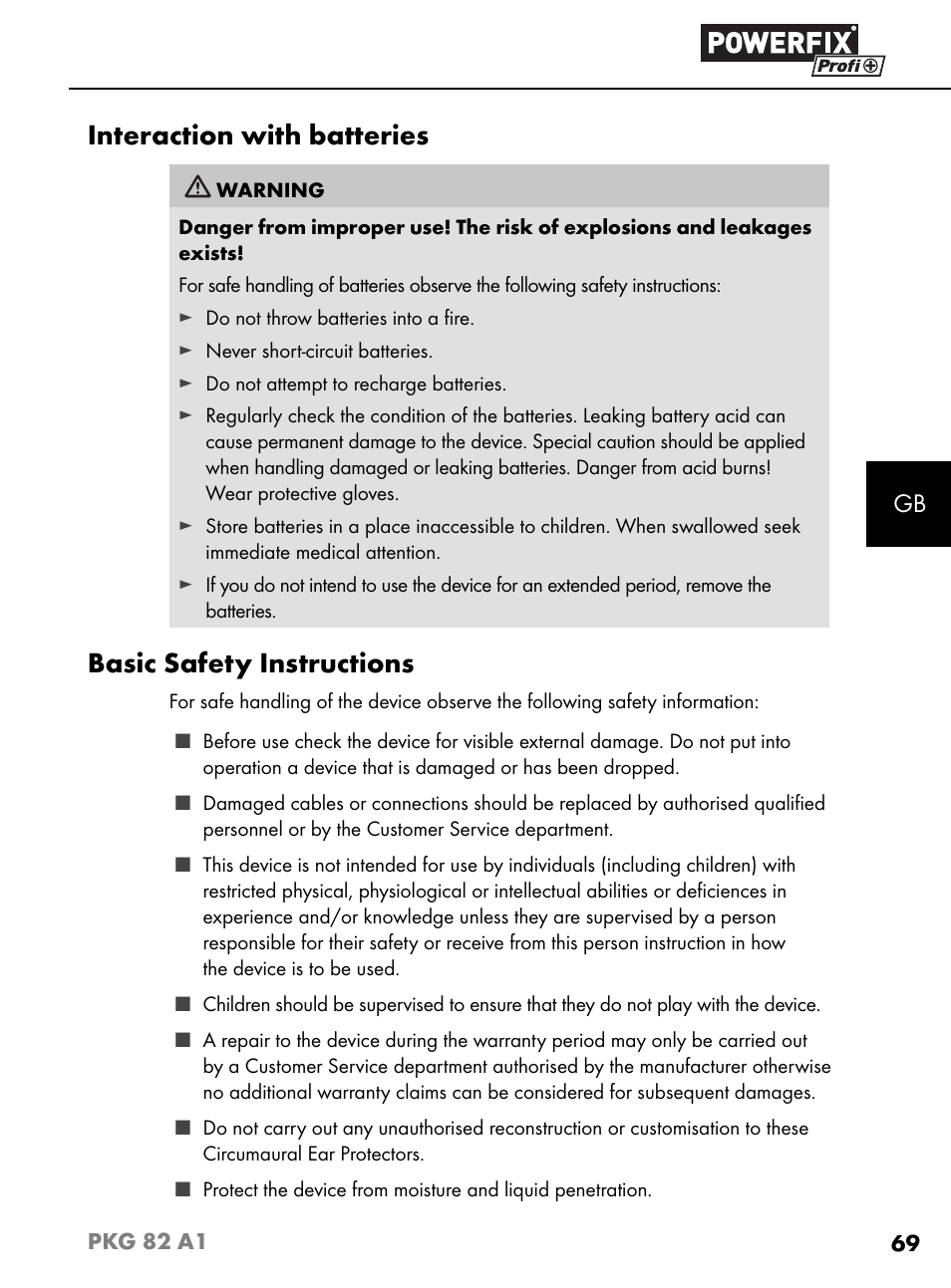 Interaction with batteries, Basic safety instructions | Powerfix PKG 82 A1 User Manual | Page 72 / 84