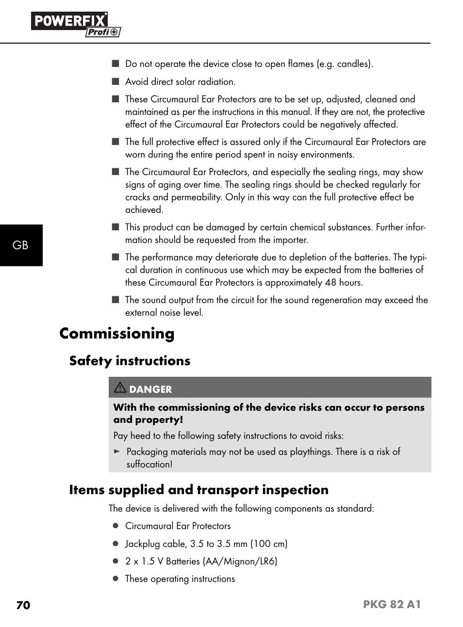 Commissioning, Safety instructions, Items supplied and transport inspection | Powerfix PKG 82 A1 User Manual | Page 73 / 84