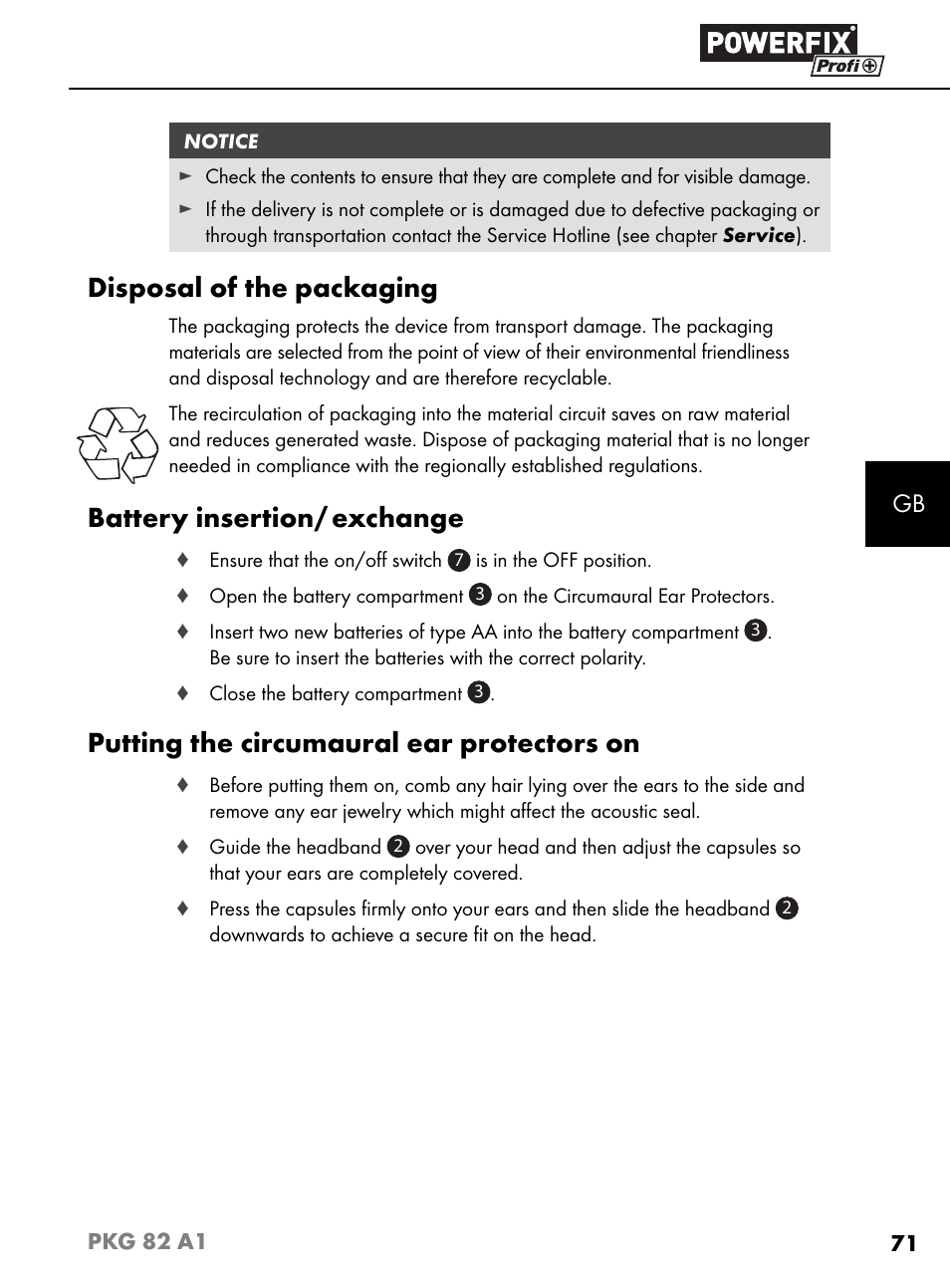 Disposal of the packaging, Battery insertion/ exchange, Putting the circumaural ear protectors on | Powerfix PKG 82 A1 User Manual | Page 74 / 84