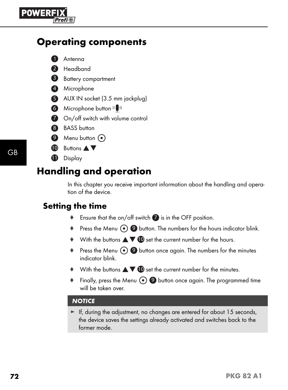 Operating components, Handling and operation, Setting the time | Powerfix PKG 82 A1 User Manual | Page 75 / 84