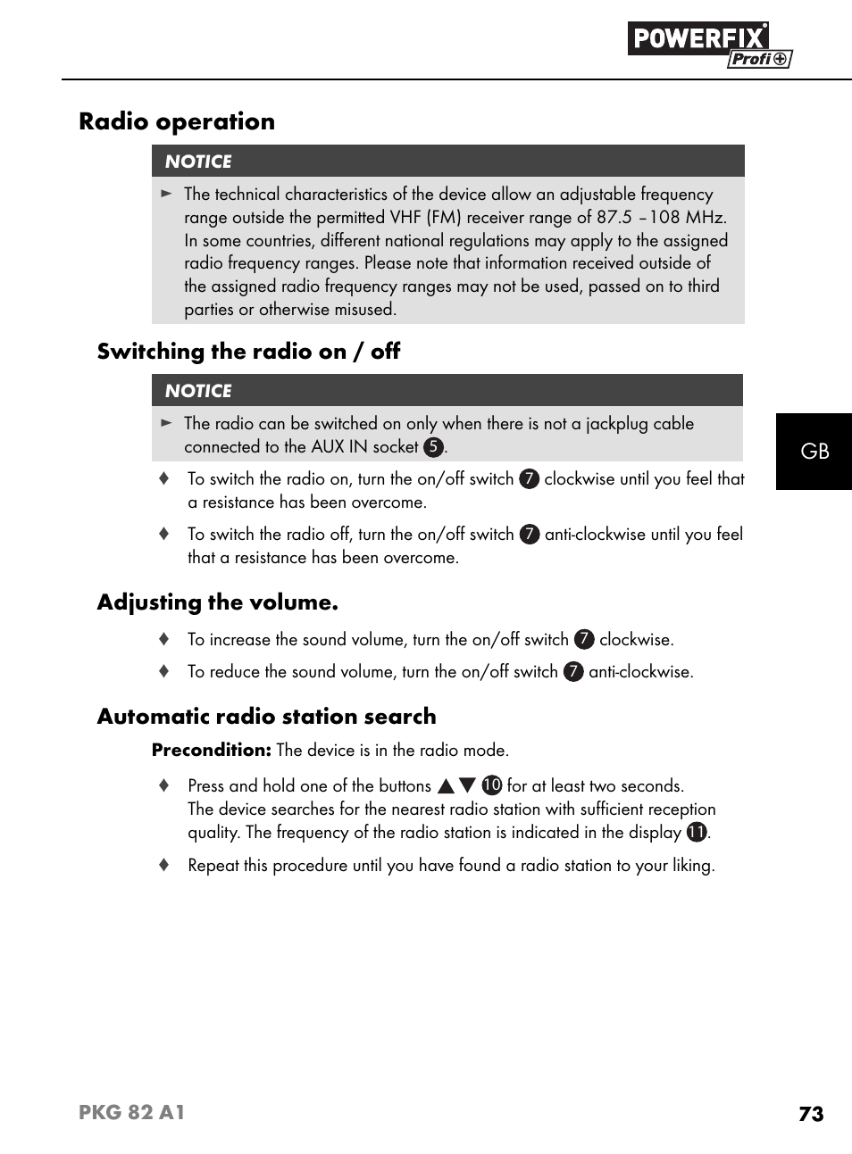 Radio operation, Switching the radio on / oﬀ, Adjusting the volume | Automatic radio station search | Powerfix PKG 82 A1 User Manual | Page 76 / 84