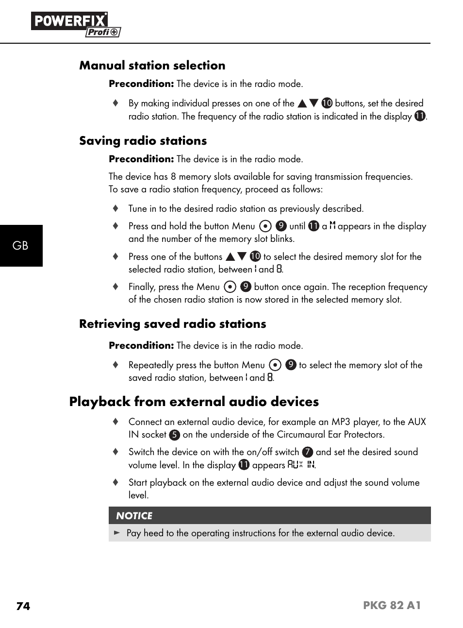 Playback from external audio devices, Gb manual station selection, Saving radio stations | Retrieving saved radio stations | Powerfix PKG 82 A1 User Manual | Page 77 / 84