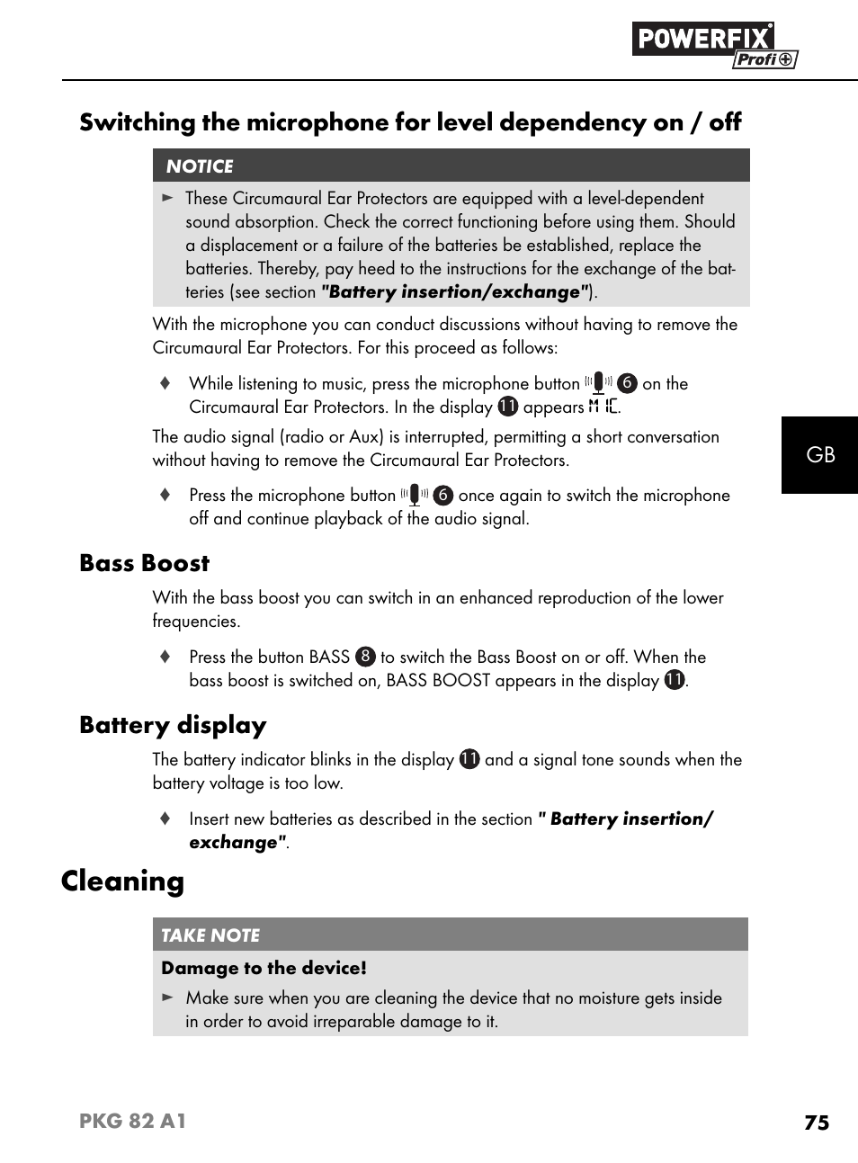 Cleaning, Bass boost, Battery display | Powerfix PKG 82 A1 User Manual | Page 78 / 84