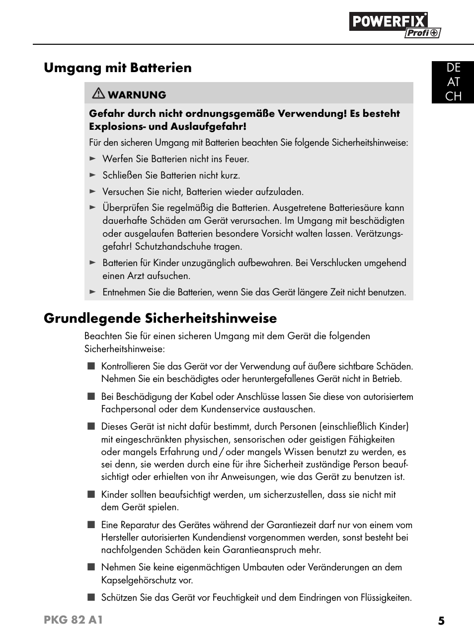 Umgang mit batterien, Grundlegende sicherheitshinweise, De at ch | Powerfix PKG 82 A1 User Manual | Page 8 / 84