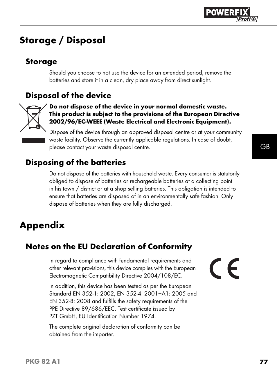 Storage / disposal, Appendix, Storage | Disposal of the device, Disposing of the batteries | Powerfix PKG 82 A1 User Manual | Page 80 / 84