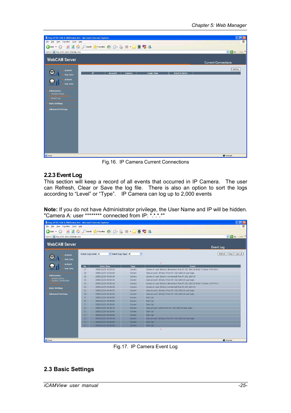 3 event log, 3 basic settings, 3 event log 2.3 basic settings | Chenbro IP CAMERA 050862 User Manual | Page 28 / 90