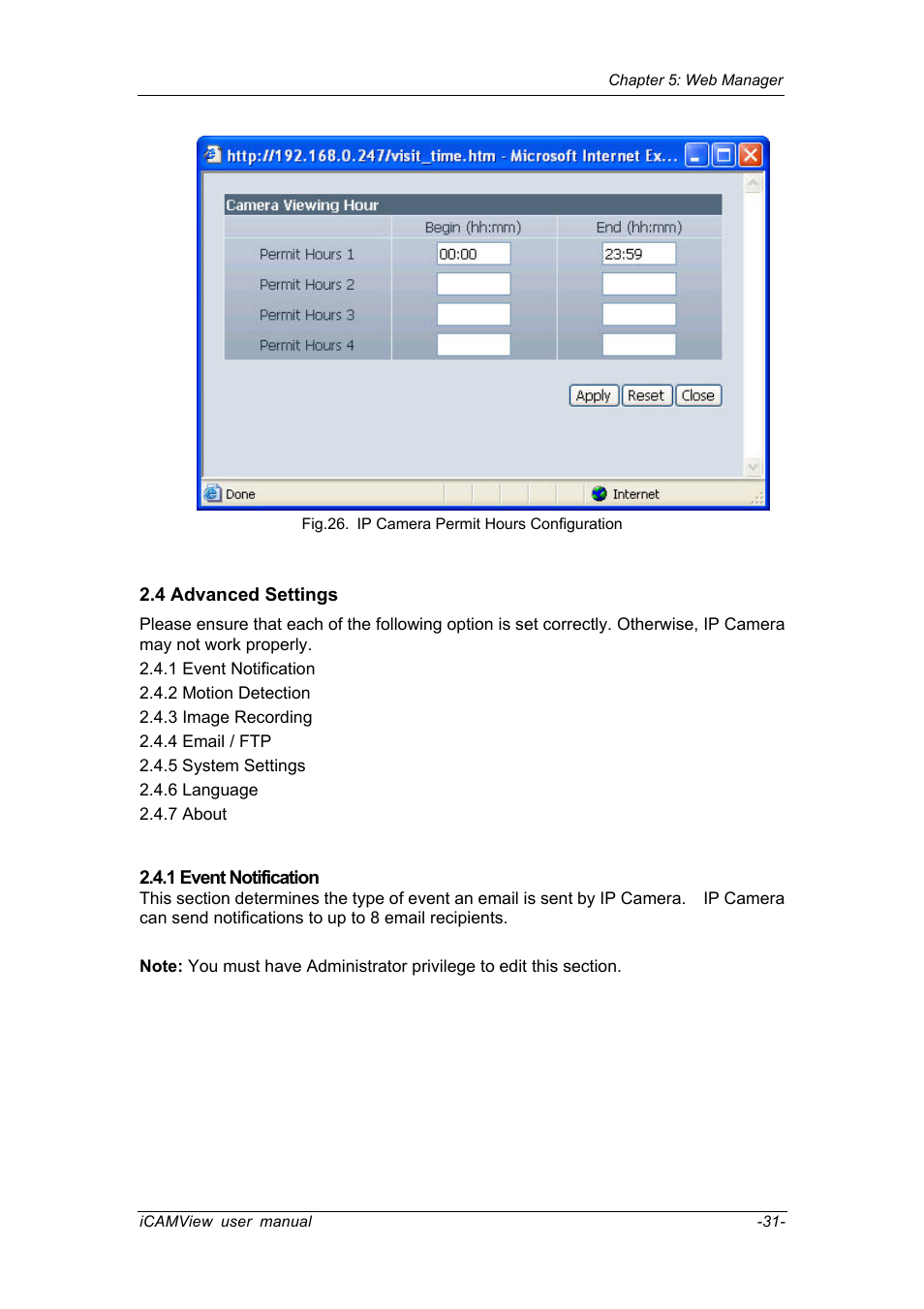 4 advanced settings, 1 event notification, 4 advanced settings 2.4.1 event notification | Chenbro IP CAMERA 050862 User Manual | Page 34 / 90
