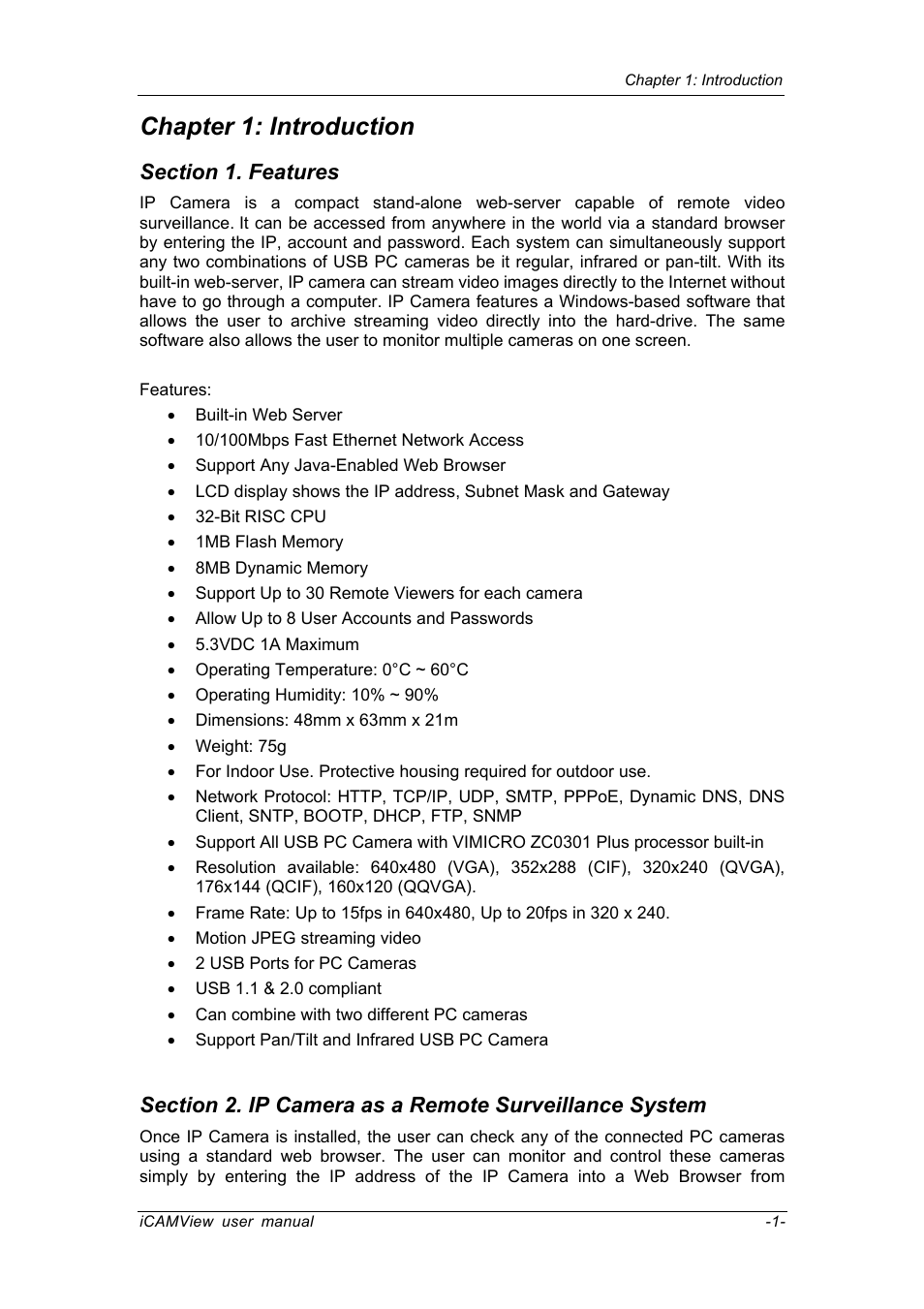 Chapter 1: introduction, Section 1. features | Chenbro IP CAMERA 050862 User Manual | Page 4 / 90