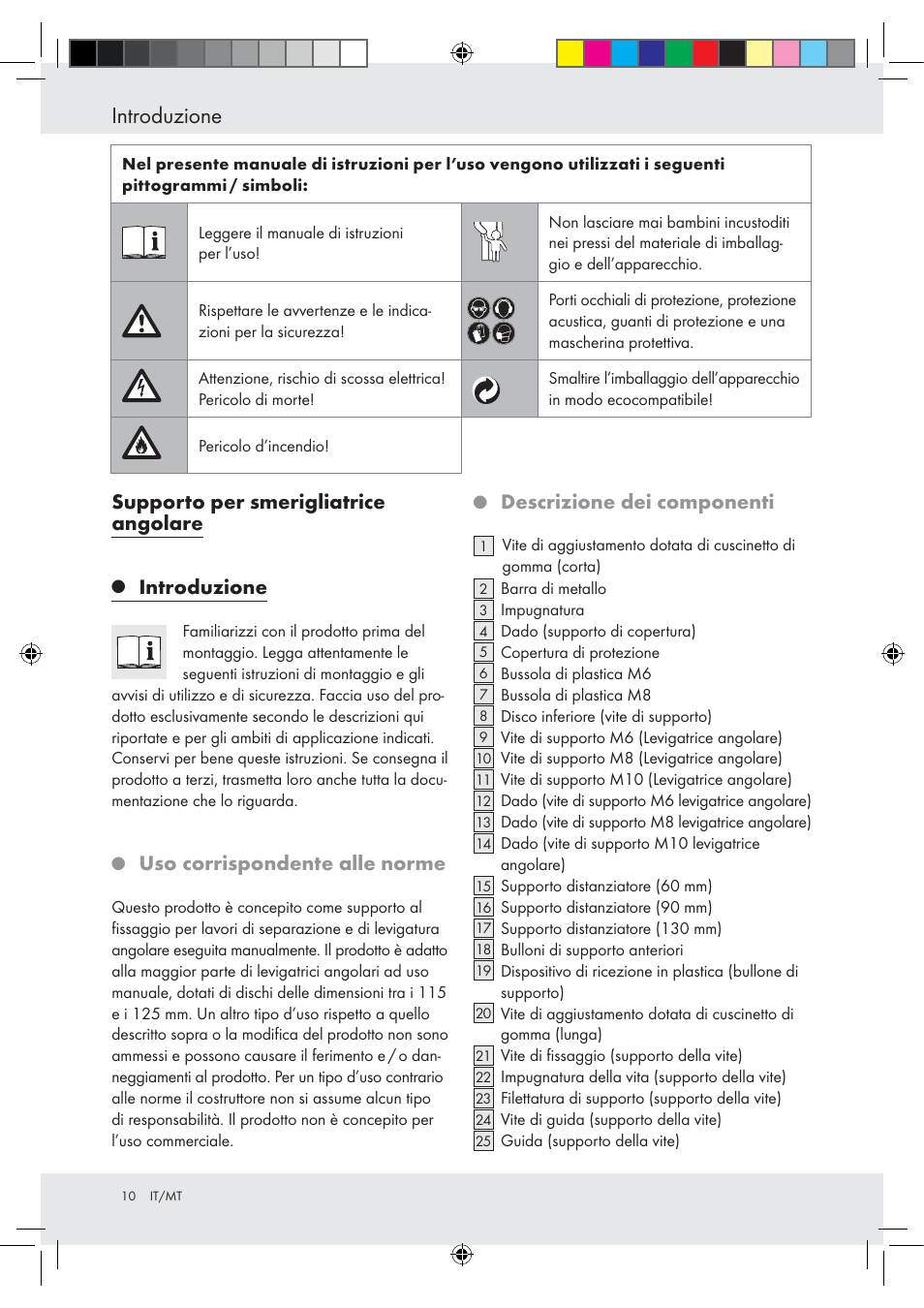 Introduzione, Supporto per smerigliatrice angolare, Uso corrispondente alle norme | Descrizione dei componenti | Powerfix Z15003 User Manual | Page 10 / 37
