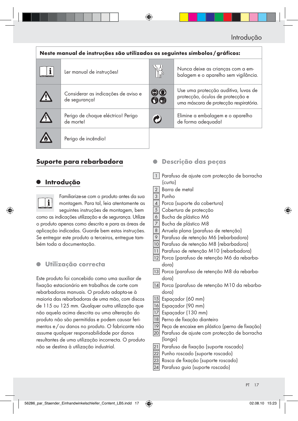 Suporte para rebarbadora, Introdução, Utilização correcta | Descrição das peças | Powerfix Z15003 User Manual | Page 17 / 37