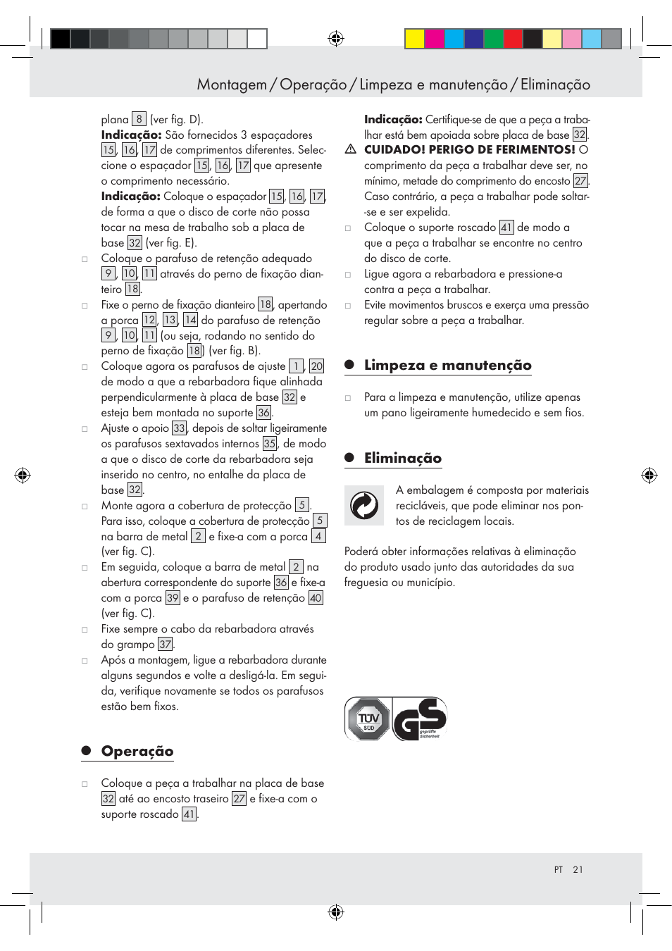 Operação, Limpeza e manutenção, Eliminação | Powerfix Z15003 User Manual | Page 21 / 37