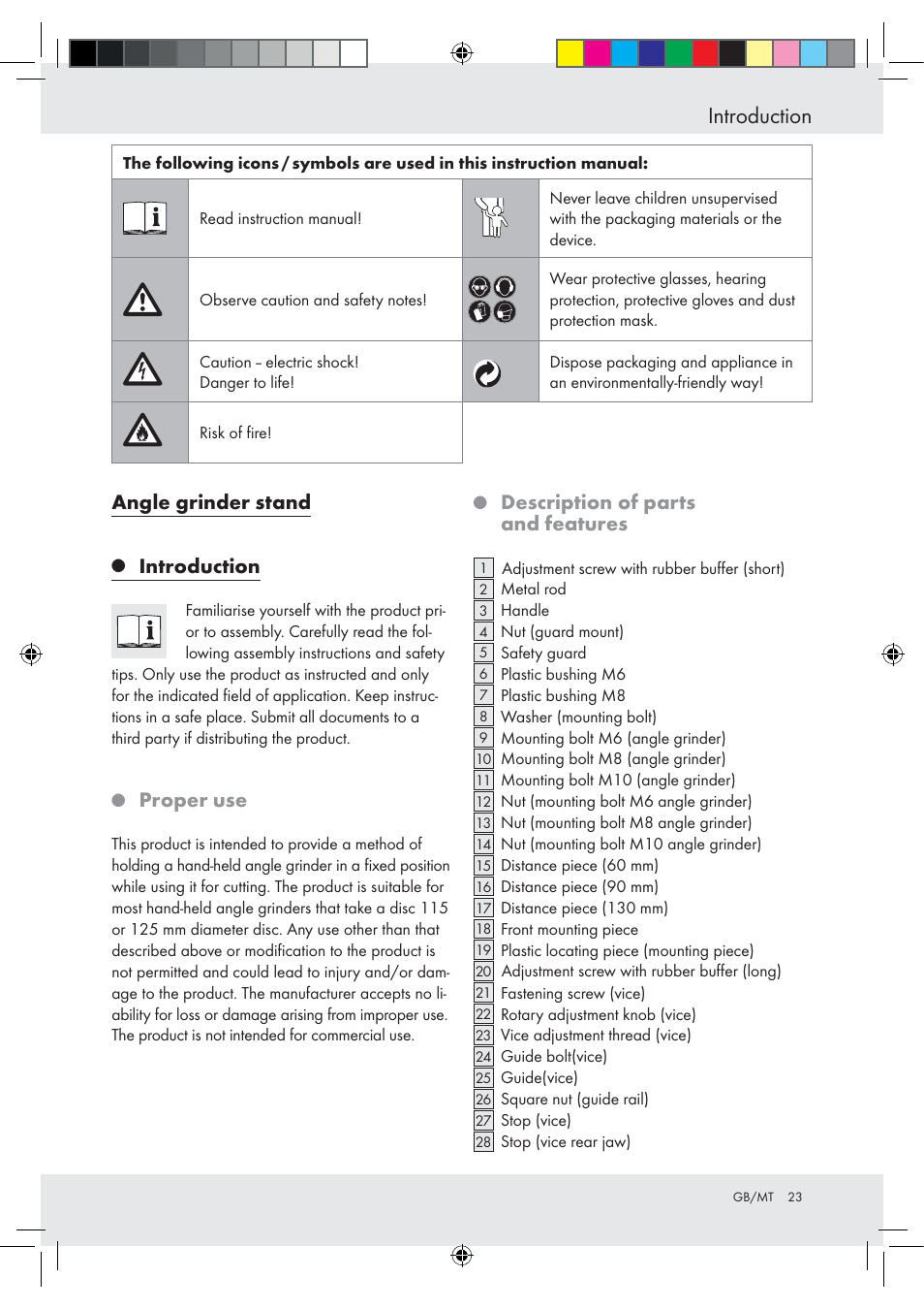 Introduction, Angle grinder stand, Proper use | Description of parts and features | Powerfix Z15003 User Manual | Page 23 / 37