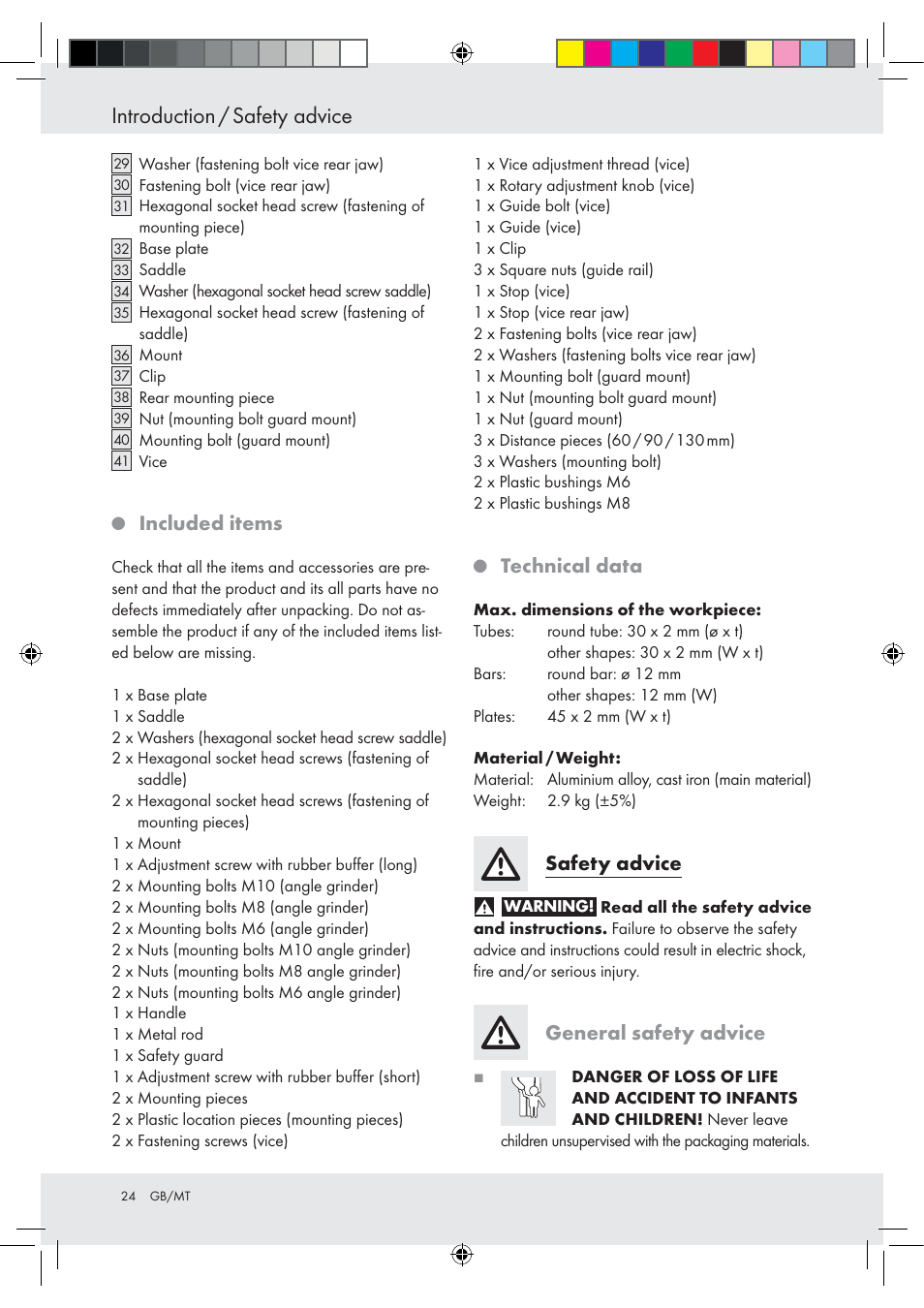 Introduction / safety advice, Included items, Technical data | Safety advice, General safety advice | Powerfix Z15003 User Manual | Page 24 / 37