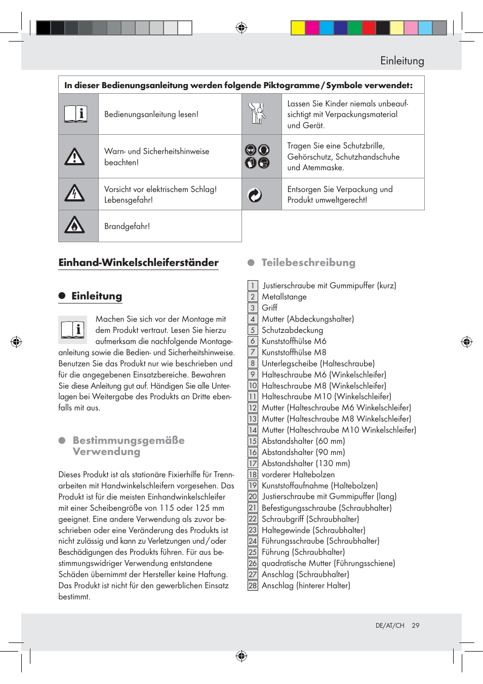 Einleitung, Einhand-winkelschleiferständer, Bestimmungsgemäße verwendung | Teilebeschreibung | Powerfix Z15003 User Manual | Page 29 / 37