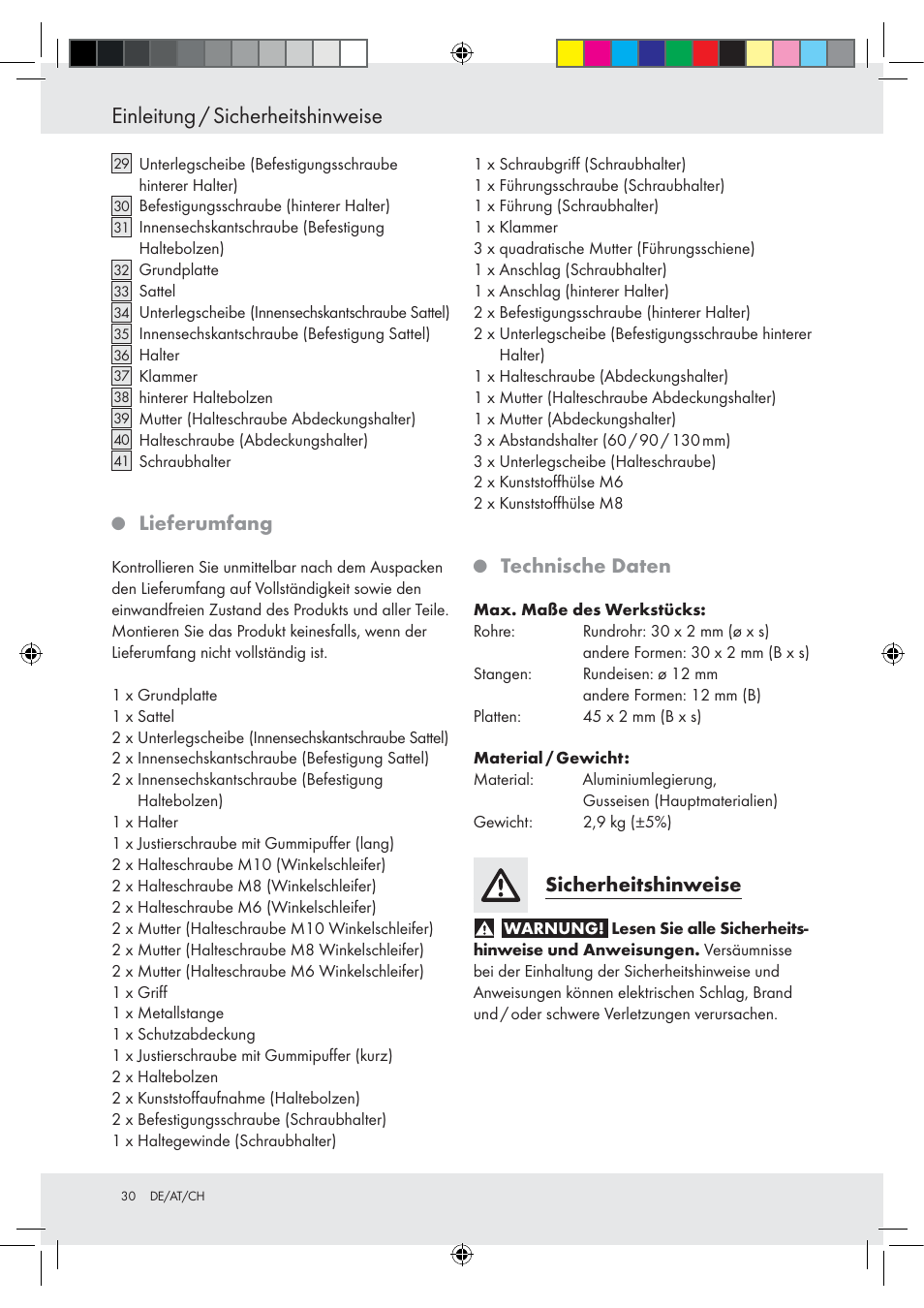 Einleitung / sicherheitshinweise, Lieferumfang, Technische daten | Sicherheitshinweise | Powerfix Z15003 User Manual | Page 30 / 37