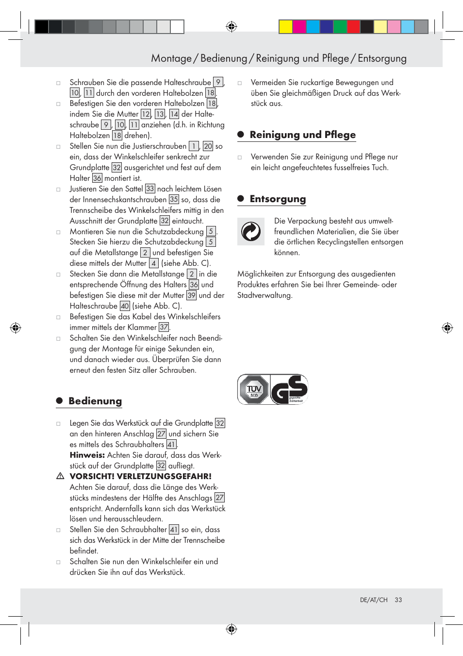 Bedienung, Reinigung und pﬂege, Entsorgung | Powerfix Z15003 User Manual | Page 33 / 37
