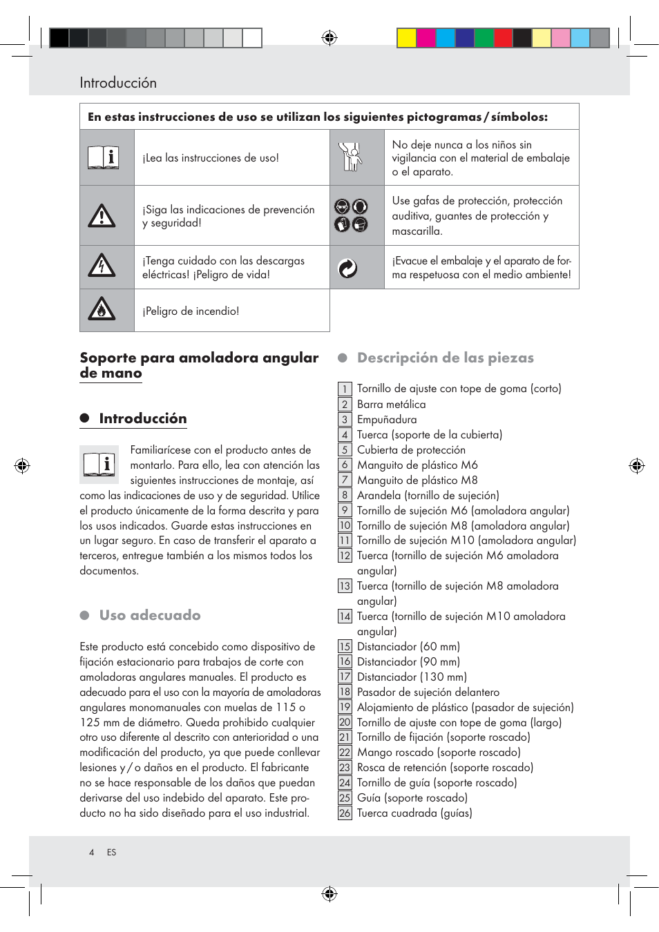 Introducción, Soporte para amoladora angular de mano, Uso adecuado | Descripción de las piezas | Powerfix Z15003 User Manual | Page 4 / 37