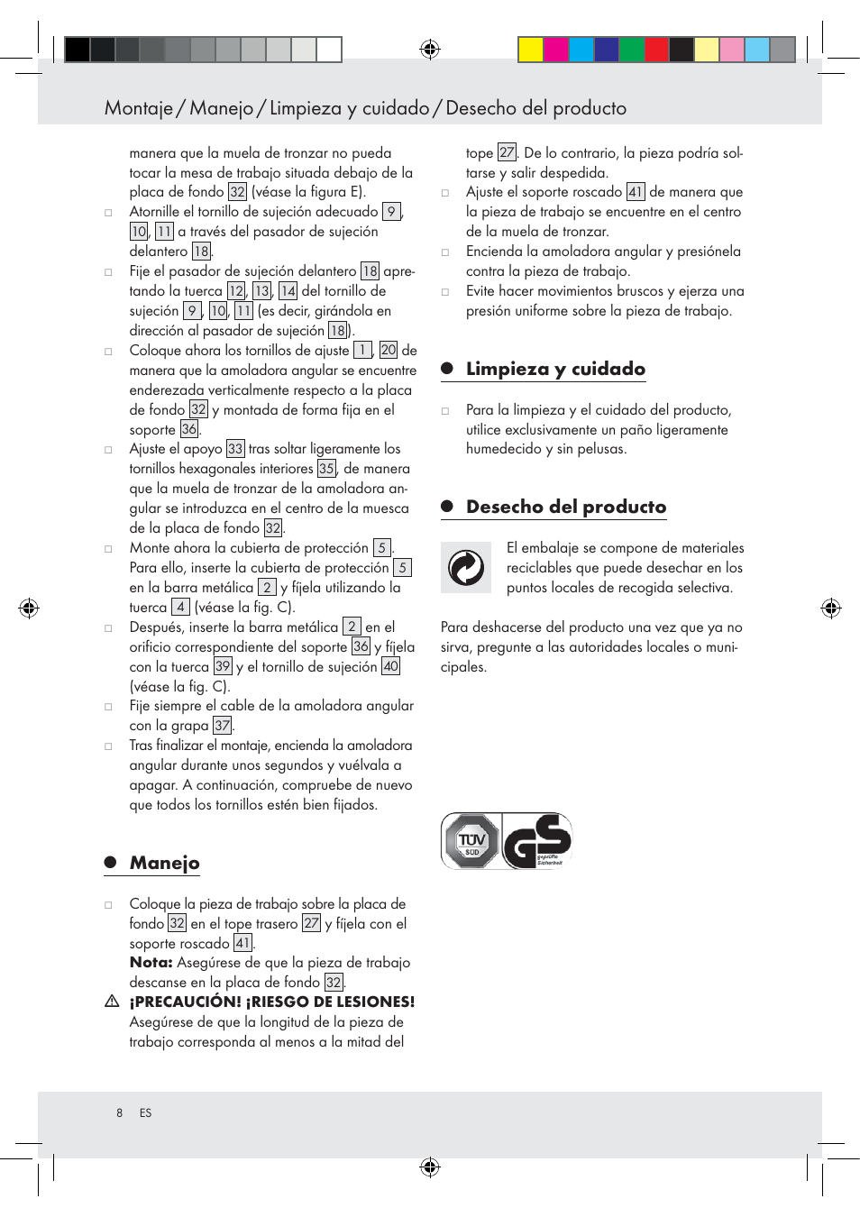 Manejo, Limpieza y cuidado, Desecho del producto | Powerfix Z15003 User Manual | Page 8 / 37