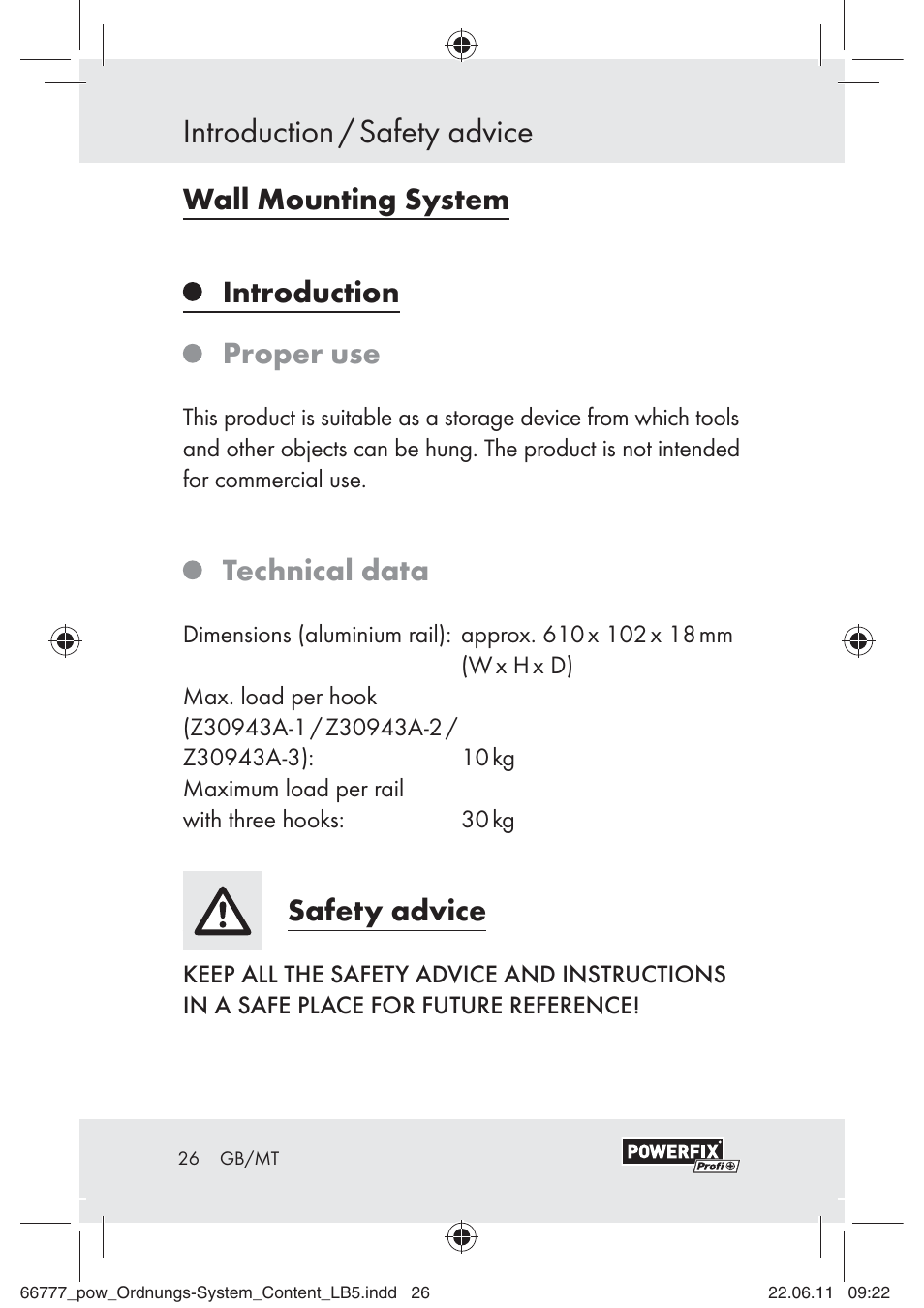 Introduction / safety advice, Wall mounting system introduction proper use, Technical data | Safety advice | Powerfix Z30943A User Manual | Page 24 / 33