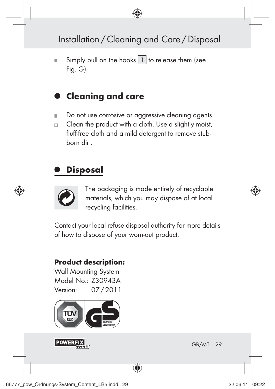 Installation / cleaning and care / disposal, Cleaning and care, Disposal | Powerfix Z30943A User Manual | Page 27 / 33