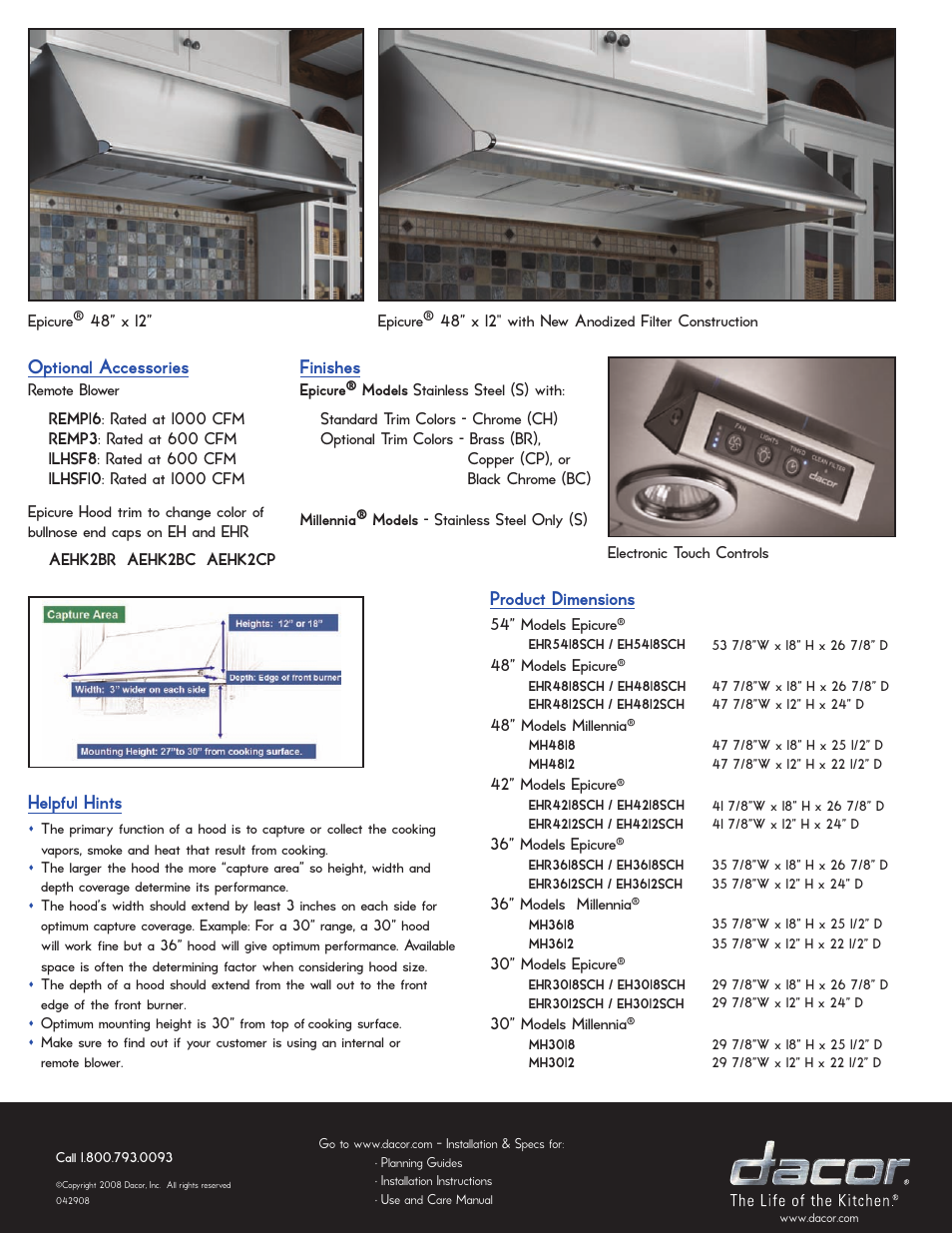 Product dimensions, Optional accessories, Helpful hints | Finishes | Dacor EHR4818SCH User Manual | Page 2 / 2