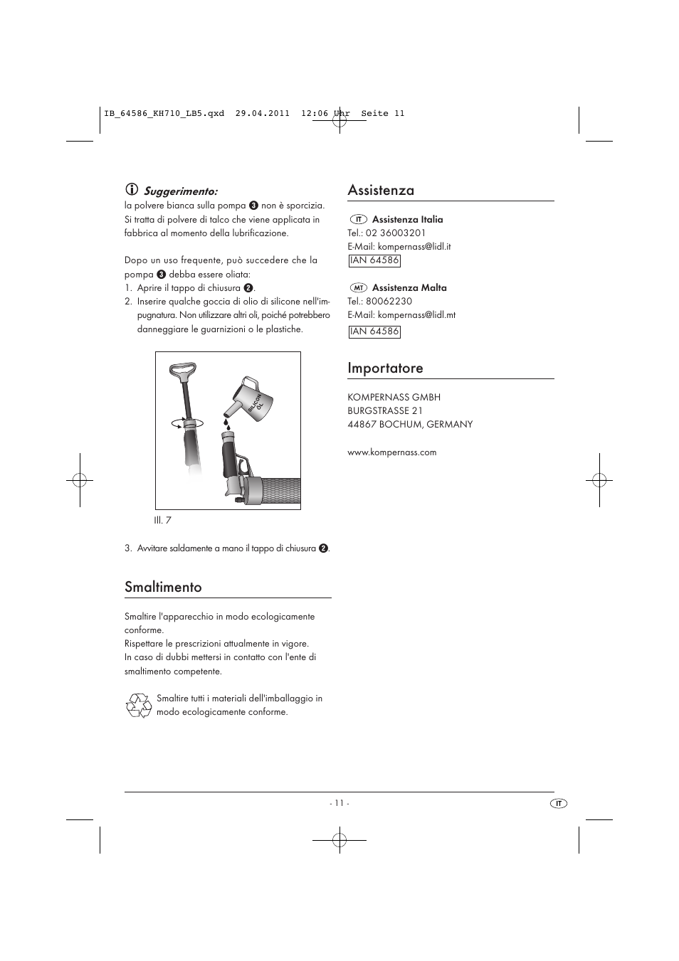 Smaltimento, Assistenza, Importatore | Powerfix KH 710 User Manual | Page 13 / 31