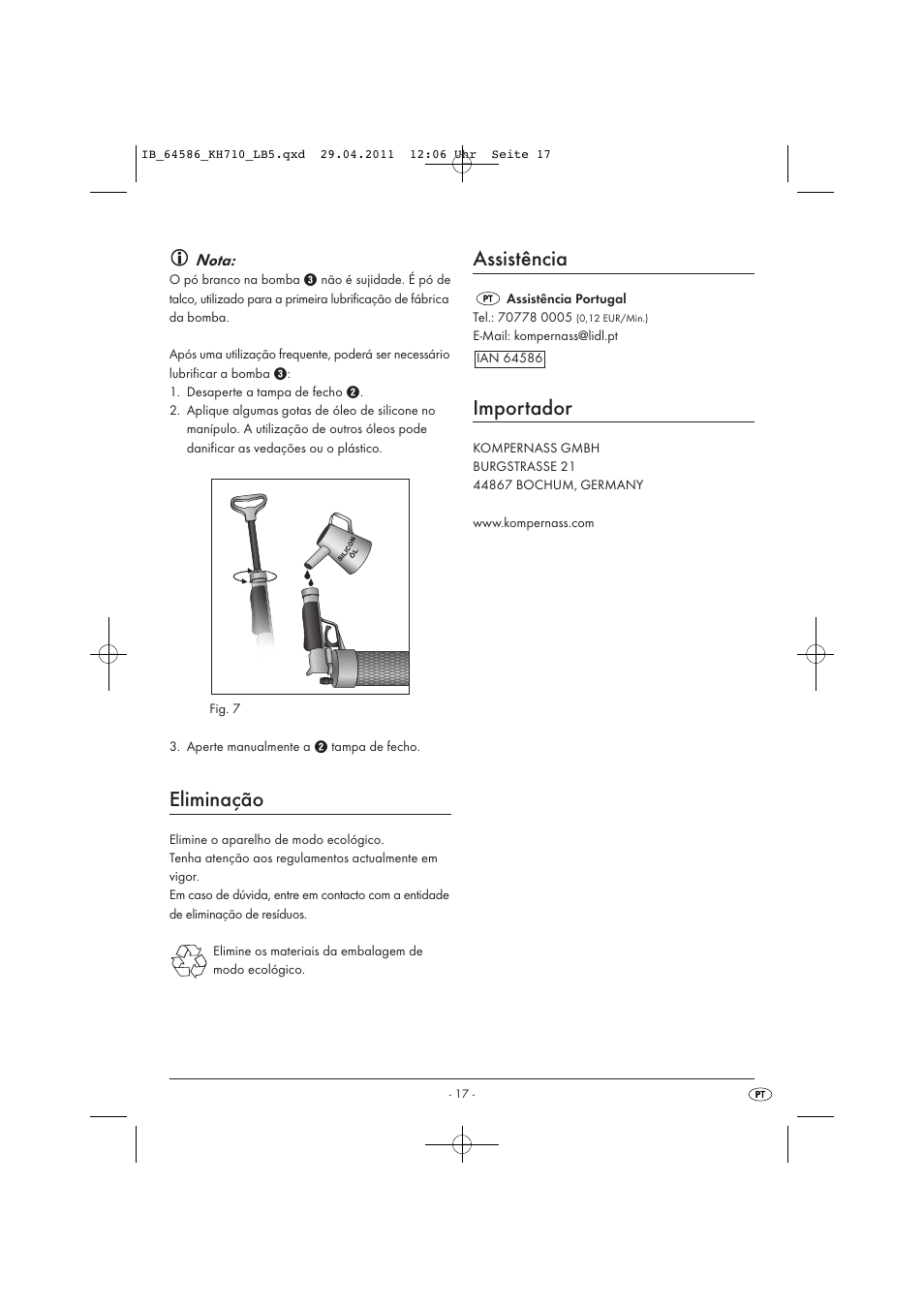 Eliminação, Assistência, Importador | Nota | Powerfix KH 710 User Manual | Page 19 / 31