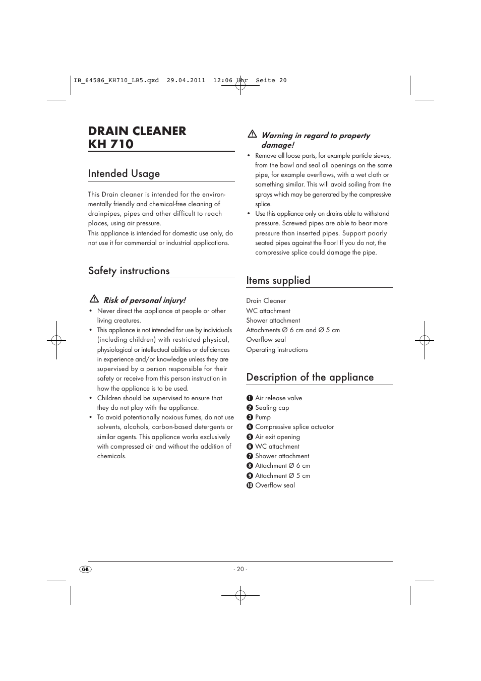 Drain cleaner kh 710, Intended usage, Safety instructions | Items supplied, Description of the appliance | Powerfix KH 710 User Manual | Page 22 / 31