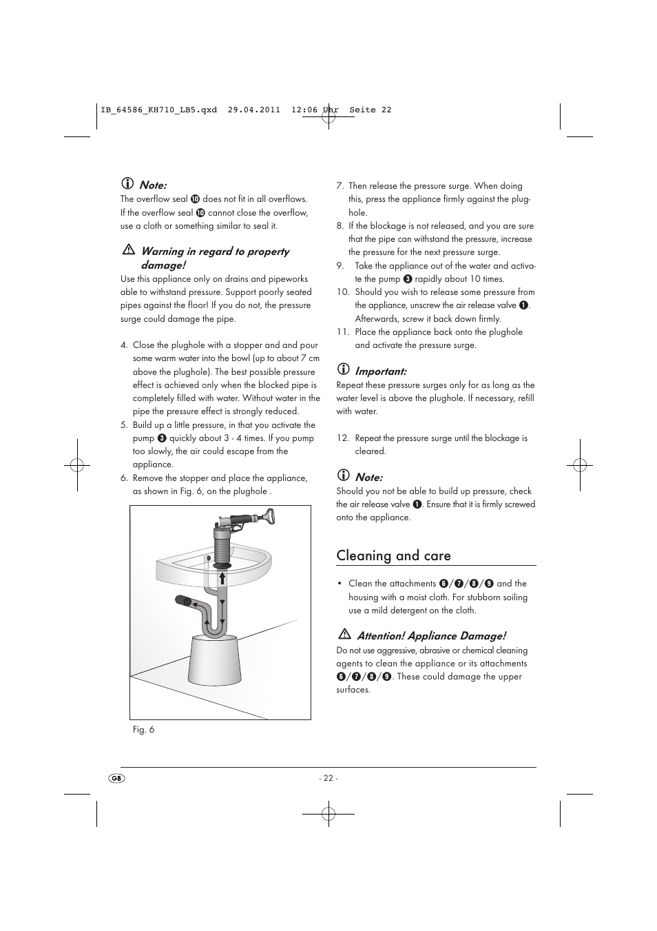 Cleaning and care, Warning in regard to property damage, Important | Attention! appliance damage | Powerfix KH 710 User Manual | Page 24 / 31