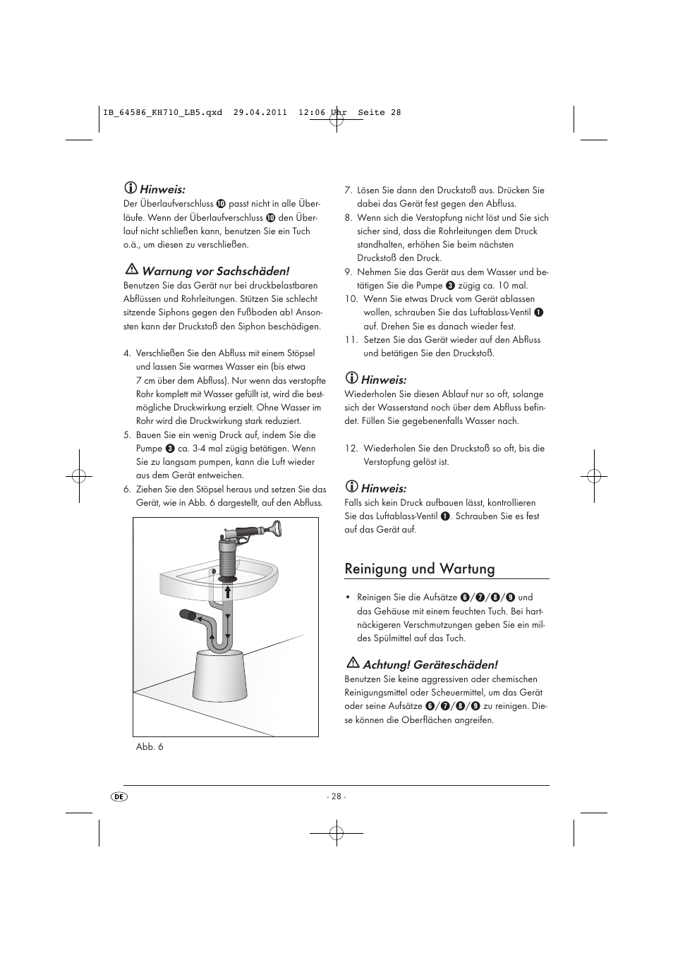 Reinigung und wartung, Hinweis, Warnung vor sachschäden | Achtung! geräteschäden | Powerfix KH 710 User Manual | Page 30 / 31